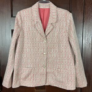 Retro Pink Plaid Boucle Blazer Women’s L? Jacket Barbiecore Career Lined Pockets